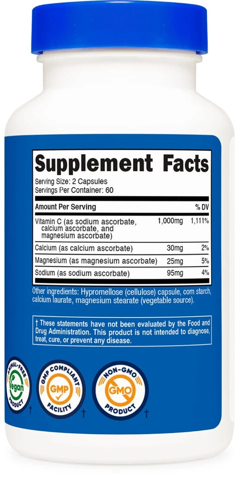 Nutricost Buffered Vitamin C 1000mg – 120 Vegan Capsules, GMO-Free, 60 Servings Dietary Supplement
